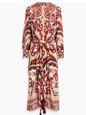 FARM Rio Burgundy, Cream & Orange Printed Long Sleeve Maxi Dress